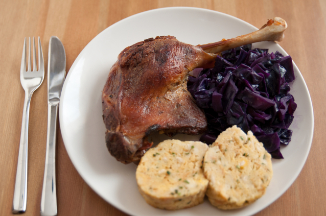 Roasted Goose with White and Red Cabbage and Dumplings